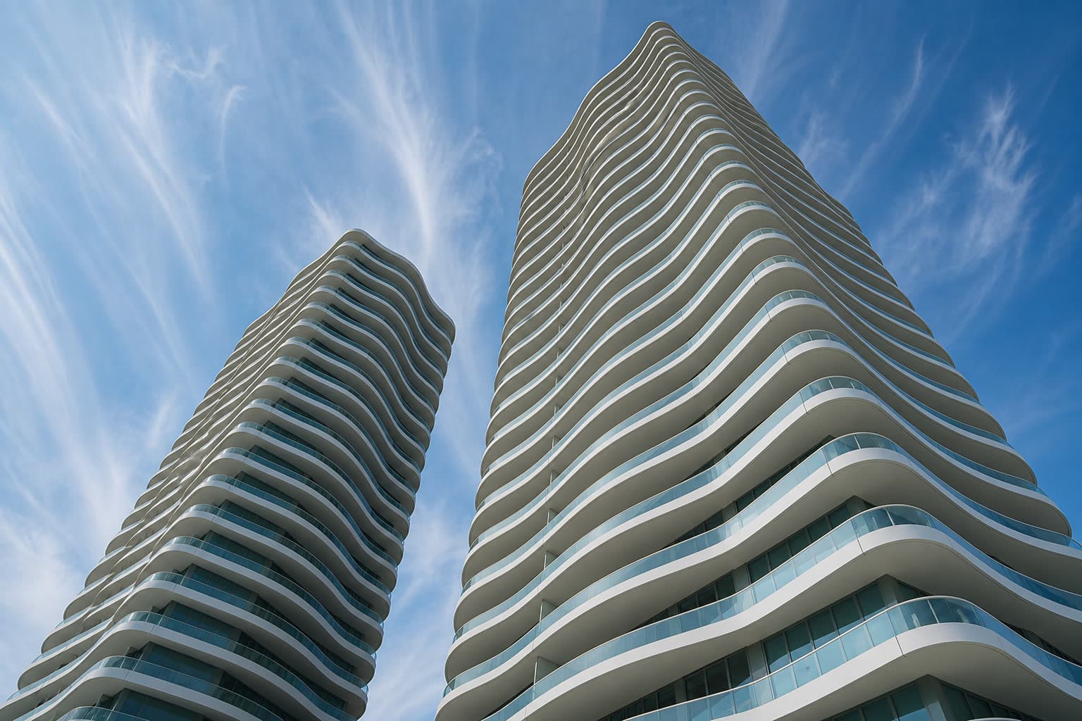 Dos torres residenciales con fachada ondulada contra el cielo de Ciudad de Panamá